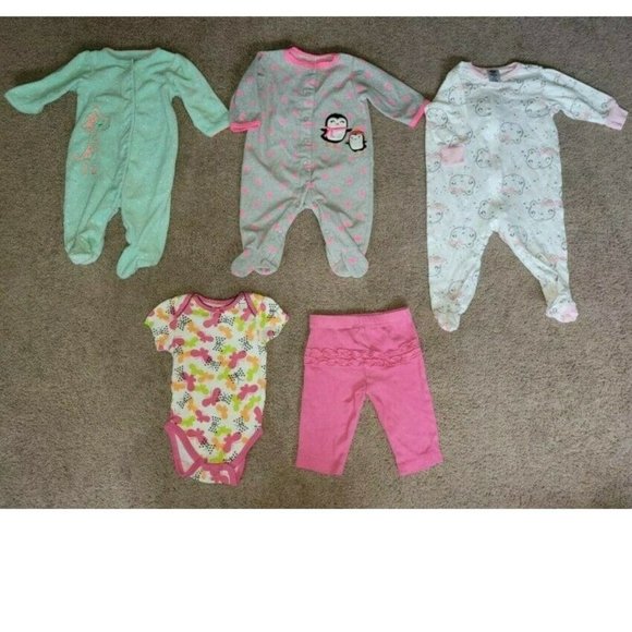 Carter's Other - HUGE LOT OF 5 PIECES BABY GIRL ONE PIECE SLEEPWEAR FOOTED PAJAMAS PJS SLEEPERS